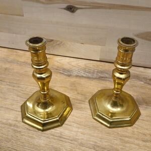 Vtg Pair Colonial Brass Candlesticks Octagon 5.5" Tall Korea Made